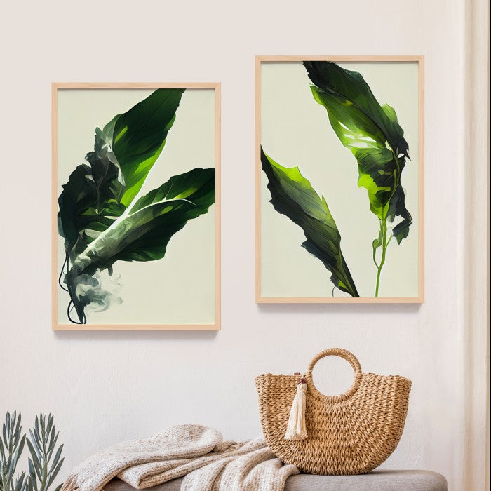 Lukisan Tropical Abstrak Daun Pisang Hijau - Poster Minimalis dengan Frame Kayu Natural untuk Dekorasi Rumah dan Cafe