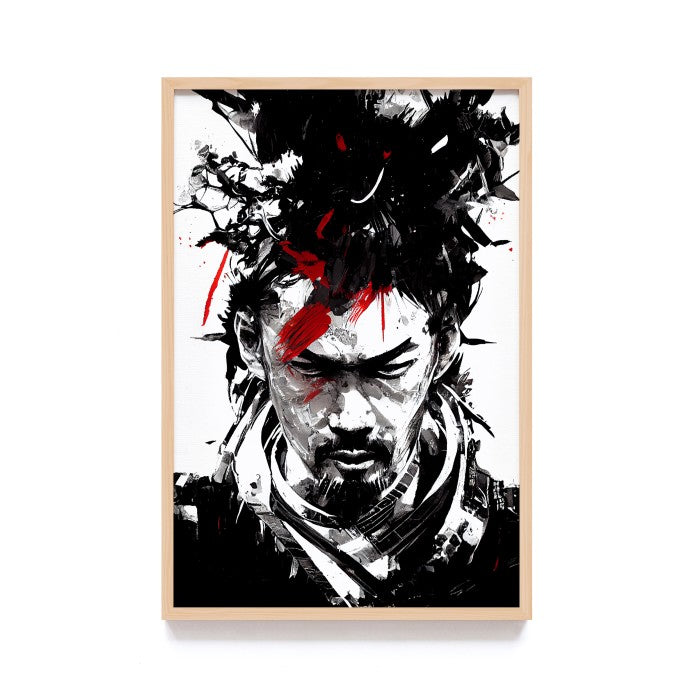 Lukisan Jepang Geisha, Samurai, dan Bunga Sakura - Wall Art Elegan Hitam Merah dengan Frame Natural untuk Dekorasi Rumah dan Kantor