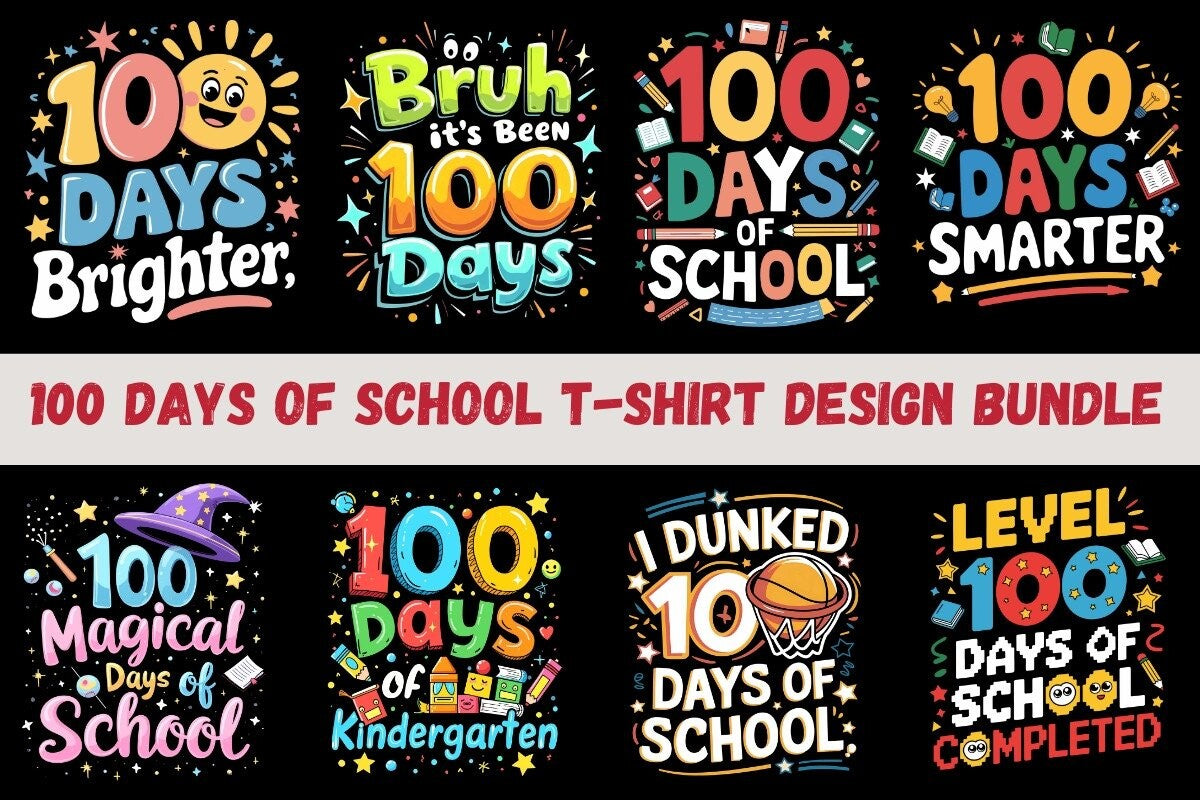 100 Days of School T-Shirt Design Bundle - A Fun and Creative Collection of School-Themed Graphics Perfect for T-Shirts, Gifts, and DIY Projects