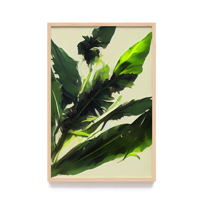 Lukisan Tropical Abstrak Daun Pisang Hijau - Poster Minimalis dengan Frame Kayu Natural untuk Dekorasi Rumah dan Cafe