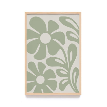 Art Print Minimalis Floral Design - Hiasan Dinding Bunga Warna Hijau dengan Frame Kayu Natural untuk Dekorasi Elegan dan Modern