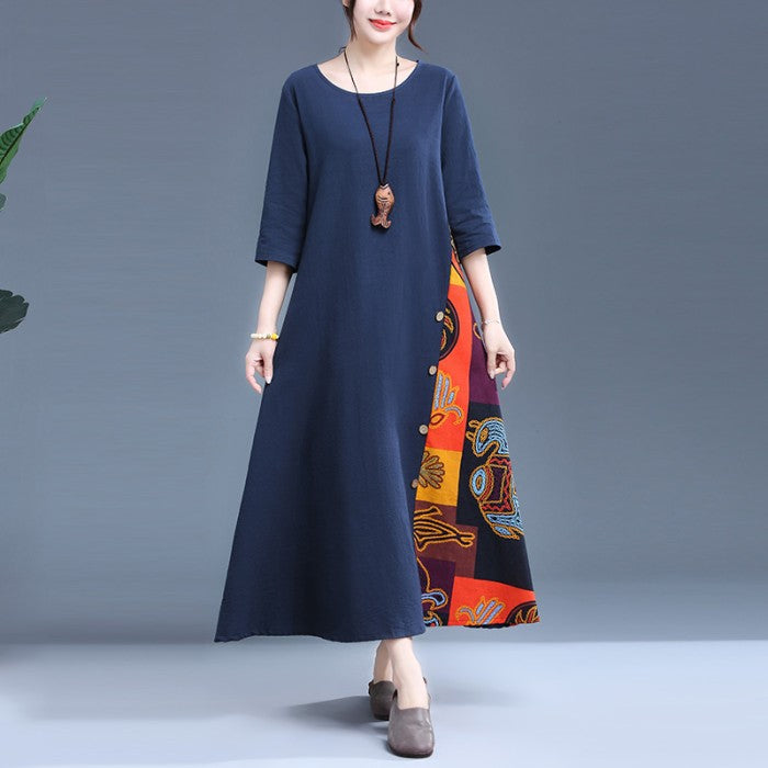 Midi Dress Motif Polos Summer Fashion Retro - Dress Wanita Santai dan Stylish untuk Musim Panas dengan Desain Elegan