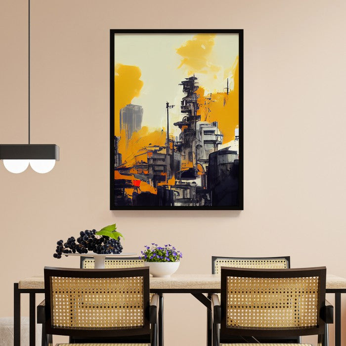 Wall Decor Lukisan Abstrak Gedung Kuning. Dekorasi Dinding Kamar Rumah , Frame Natural