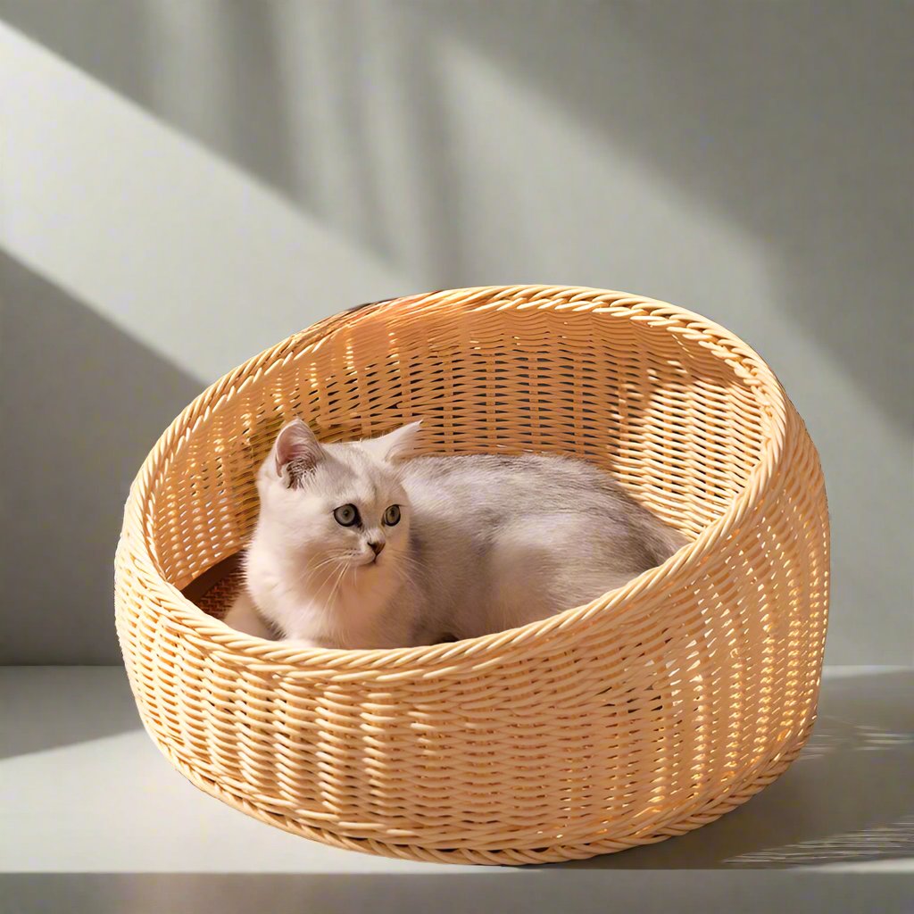 Rumah Kucing Rotan, Tempat Tidur Kucing untuk Hewan Peliharaan dengan Desain Elegan, Termasuk Bantal Nyaman