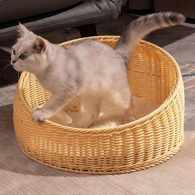 Rumah Kucing Rotan, Tempat Tidur Kucing untuk Hewan Peliharaan dengan Desain Elegan, Termasuk Bantal Nyaman