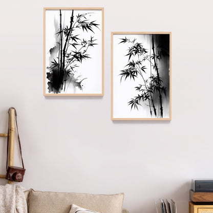 Lukisan Print Jepang Tanaman Bambu - Lukisan Tinta Hitam Bambu Cina dengan Frame Natural untuk Dekorasi Rumah Minimalis