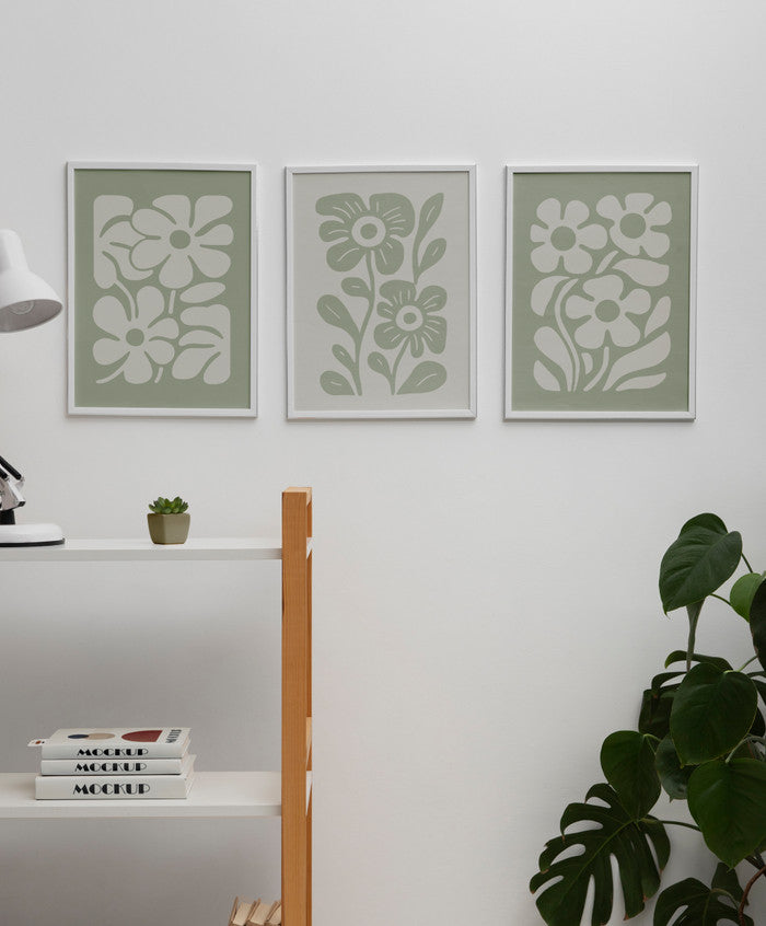 Art Print Minimalis Floral Design - Hiasan Dinding Bunga Warna Hijau dengan Frame Kayu Natural untuk Dekorasi Elegan dan Modern