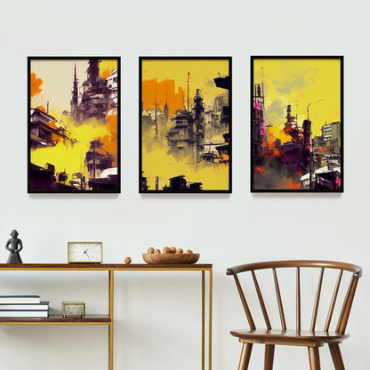 Wall Decor Lukisan Abstrak Gedung Kuning. Dekorasi Dinding Kamar Rumah , Frame Natural