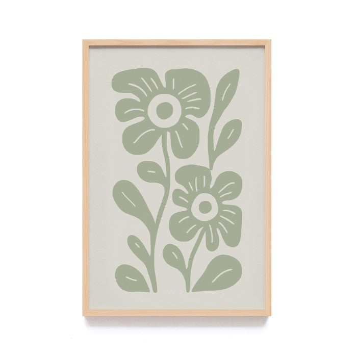 Art Print Minimalis Floral Design - Hiasan Dinding Bunga Warna Hijau dengan Frame Kayu Natural untuk Dekorasi Elegan dan Modern