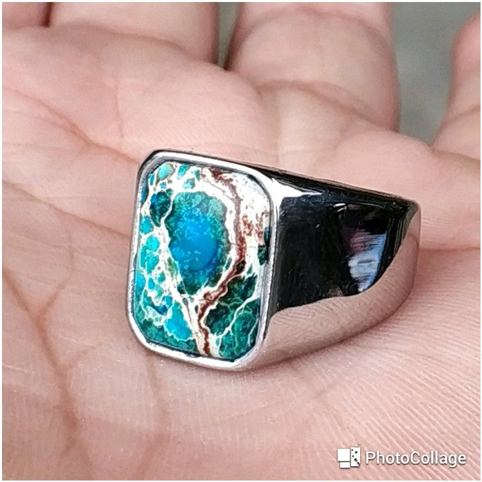 Cincin Batu Akik Natural Pirus Biru Minimalis Octagon Titanium Silver - Cincin Eksklusif dengan Batu Akik Pirus Biru Asli dan Desain Modern