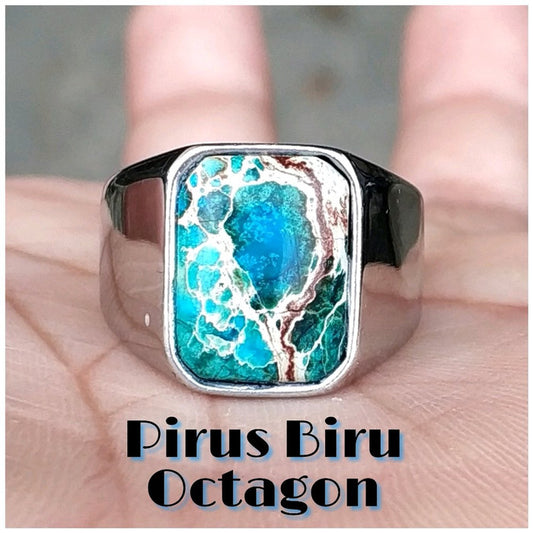 Cincin Batu Akik Natural Pirus Biru Minimalis Octagon Titanium Silver - Cincin Eksklusif dengan Batu Akik Pirus Biru Asli dan Desain Modern