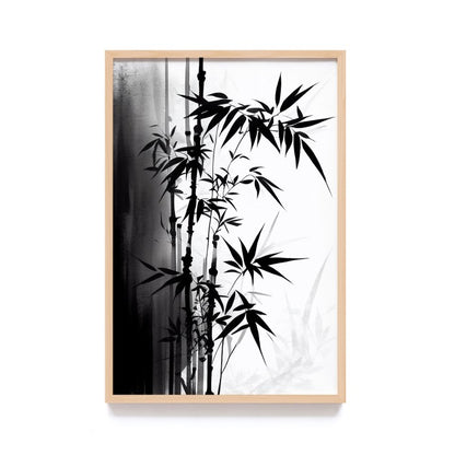 Lukisan Print Jepang Tanaman Bambu - Lukisan Tinta Hitam Bambu Cina dengan Frame Natural untuk Dekorasi Rumah Minimalis