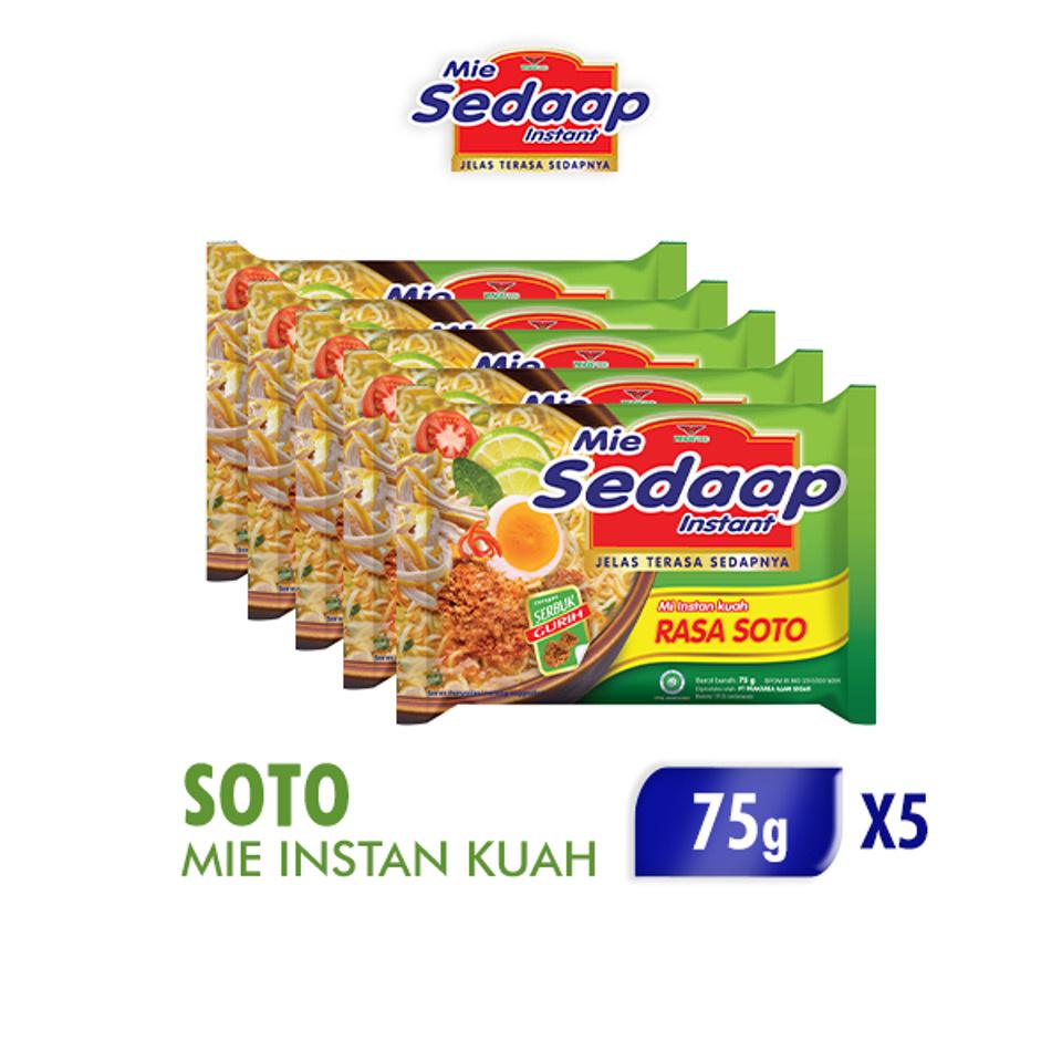 Mie Sedaap Mi Instan Kuah Soto 5 x 75 gr, Mi Instan Lezat dengan Kuah Soto Gurih, Nikmat dan Praktis untuk Menu Sehari-hari