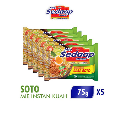 Mie Sedaap Mi Instan Kuah Soto 5 x 75 gr, Mi Instan Lezat dengan Kuah Soto Gurih, Nikmat dan Praktis untuk Menu Sehari-hari