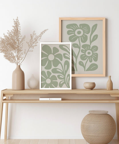 Art Print Minimalis Floral Design - Hiasan Dinding Bunga Warna Hijau dengan Frame Kayu Natural untuk Dekorasi Elegan dan Modern