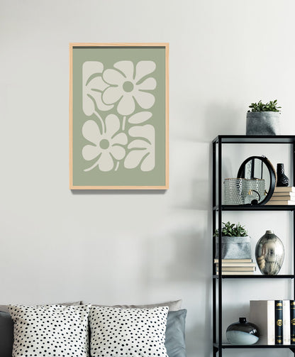 Art Print Minimalis Floral Design - Hiasan Dinding Bunga Warna Hijau dengan Frame Kayu Natural untuk Dekorasi Elegan dan Modern