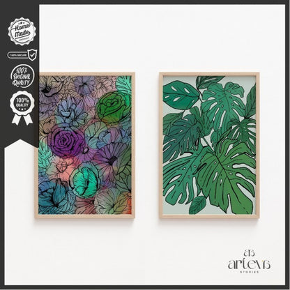 Pajangan Dinding Minimalist Flower Colorful Line Art - Floral Wall Art Monstera untuk Dekorasi Kamar dan Ruang Tamu Estetik