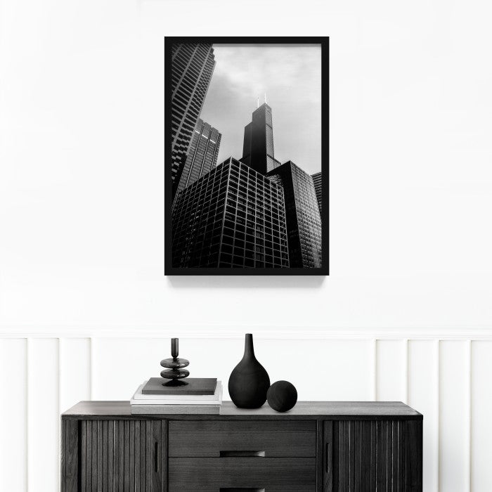 Poster Gedung Hitam Putih Wall Decor Monochrome Architecture Art Print, Frame Natural - Hiasan Dinding Minimalis dengan Sentuhan Monokrom dan Arsitektur Modern