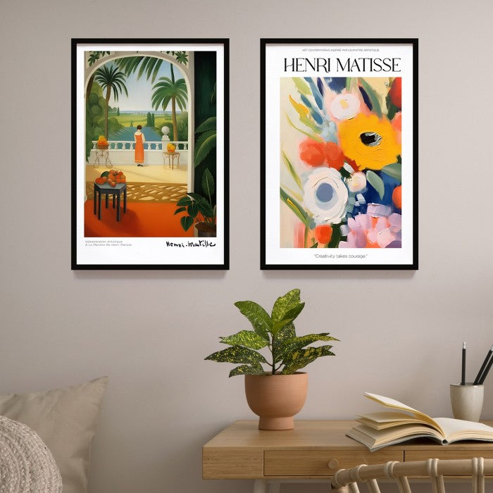 Wall Art Print Terinspirasi Style Lukisan Henri Matisse, Dekorasi Dinding dengan Frame Kayu Natural untuk Sentuhan Estetik Modern dan Minimalis