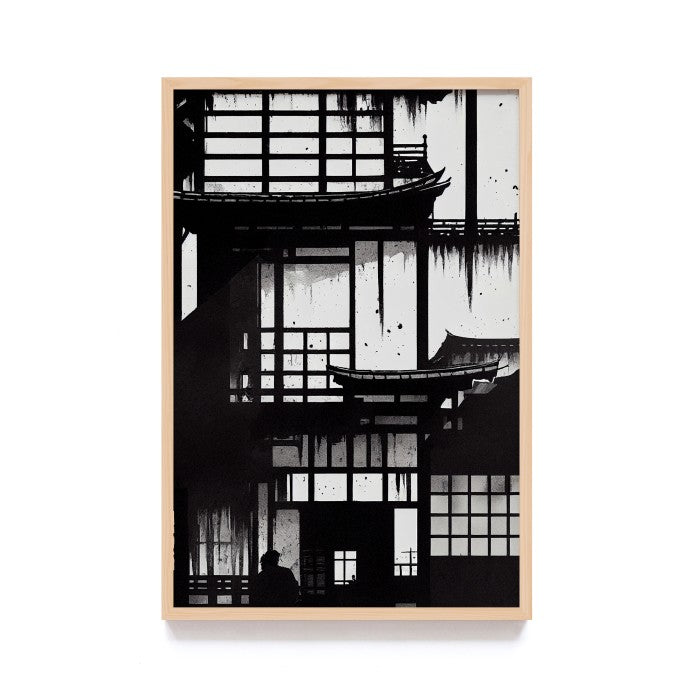 Lukisan Jepang Geisha, Samurai, dan Bunga Sakura - Wall Art Elegan Hitam Merah dengan Frame Natural untuk Dekorasi Rumah dan Kantor