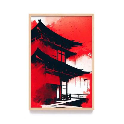 Lukisan Jepang Geisha, Samurai, dan Bunga Sakura - Wall Art Elegan Hitam Merah dengan Frame Natural untuk Dekorasi Rumah dan Kantor