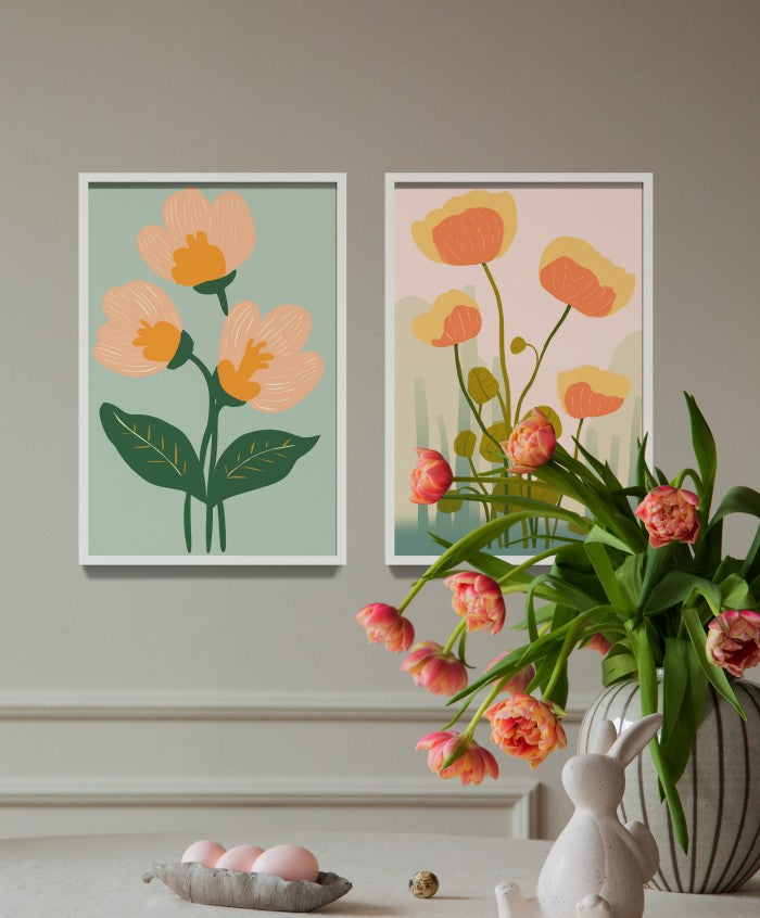 Hiasan Dinding Lukisan Bunga Aesthetic - Wall Art Print dengan Frame Natural untuk Dekorasi Kamar dan Interior Rumah