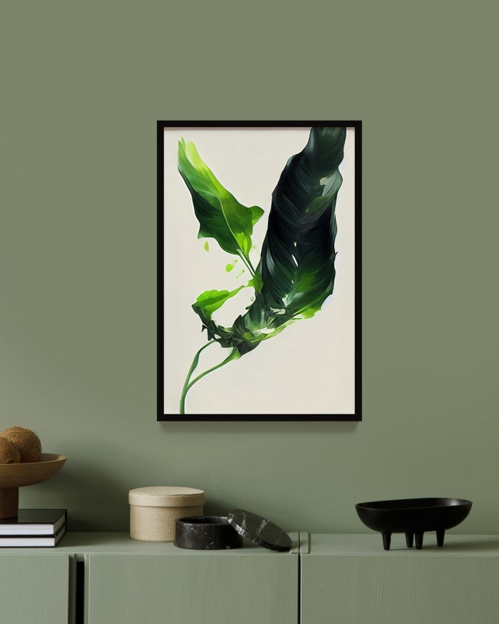 Lukisan Tropical Abstrak Daun Pisang Hijau - Poster Minimalis dengan Frame Kayu Natural untuk Dekorasi Rumah dan Cafe