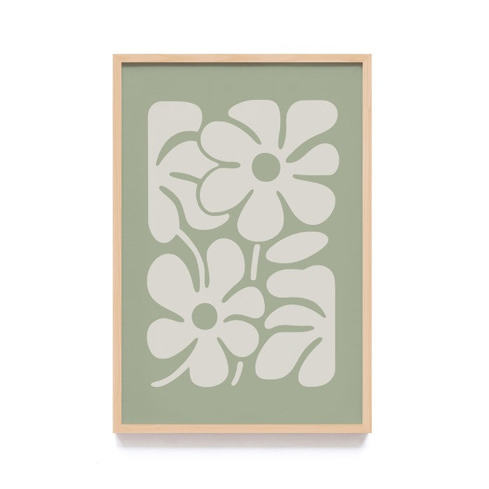 Art Print Minimalis Floral Design - Hiasan Dinding Bunga Warna Hijau dengan Frame Kayu Natural untuk Dekorasi Elegan dan Modern