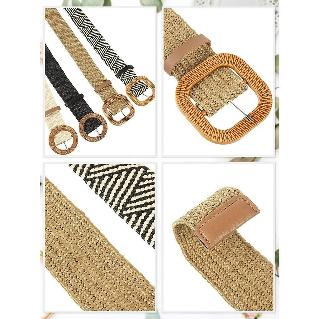 Wanita Waist Belt Straw Woven Elastic Stretch Skinny Dress Belt with Wooden Buckle - Fashionable Waist Dress Band for Women