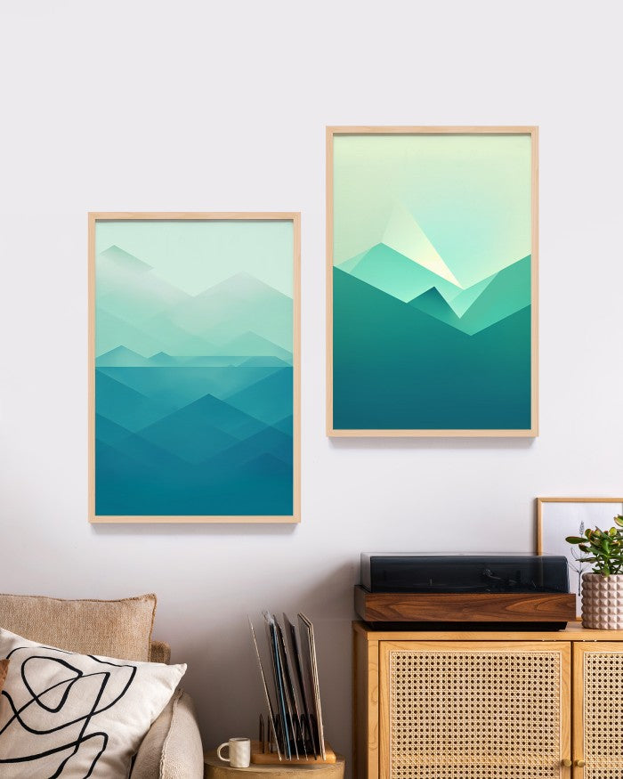 Dekorasi Lukisan Minimalis Warna Toska Wall Decor Simple Frame Kayu, Frame Natural - Hiasan Dinding Elegan dengan Desain Minimalis dan Warna Toska yang Menenangkan