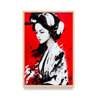 Lukisan Jepang Geisha, Samurai, dan Bunga Sakura - Wall Art Elegan Hitam Merah dengan Frame Natural untuk Dekorasi Rumah dan Kantor