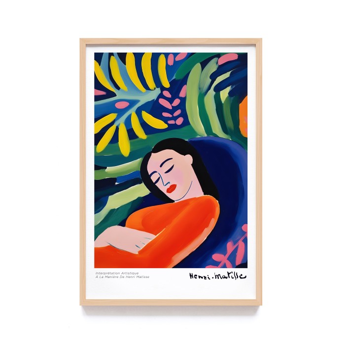 Wall Art Print Terinspirasi Style Lukisan Henri Matisse, Dekorasi Dinding dengan Frame Kayu Natural untuk Sentuhan Estetik Modern dan Minimalis