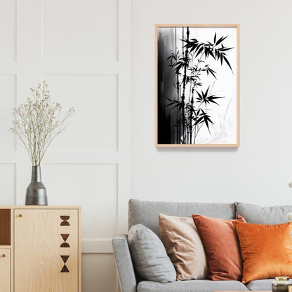 Lukisan Print Jepang Tanaman Bambu - Lukisan Tinta Hitam Bambu Cina dengan Frame Natural untuk Dekorasi Rumah Minimalis