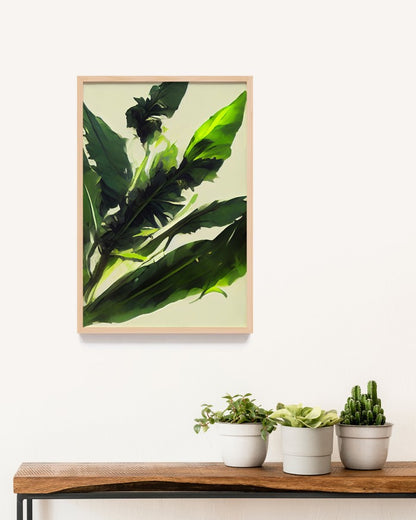 Lukisan Tropical Abstrak Daun Pisang Hijau - Poster Minimalis dengan Frame Kayu Natural untuk Dekorasi Rumah dan Cafe