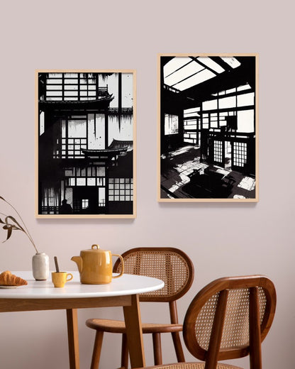 Lukisan Jepang Geisha, Samurai, dan Bunga Sakura - Wall Art Elegan Hitam Merah dengan Frame Natural untuk Dekorasi Rumah dan Kantor