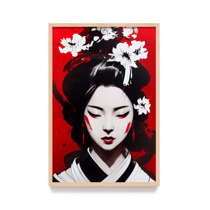 Lukisan Jepang Geisha, Samurai, dan Bunga Sakura - Wall Art Elegan Hitam Merah dengan Frame Natural untuk Dekorasi Rumah dan Kantor