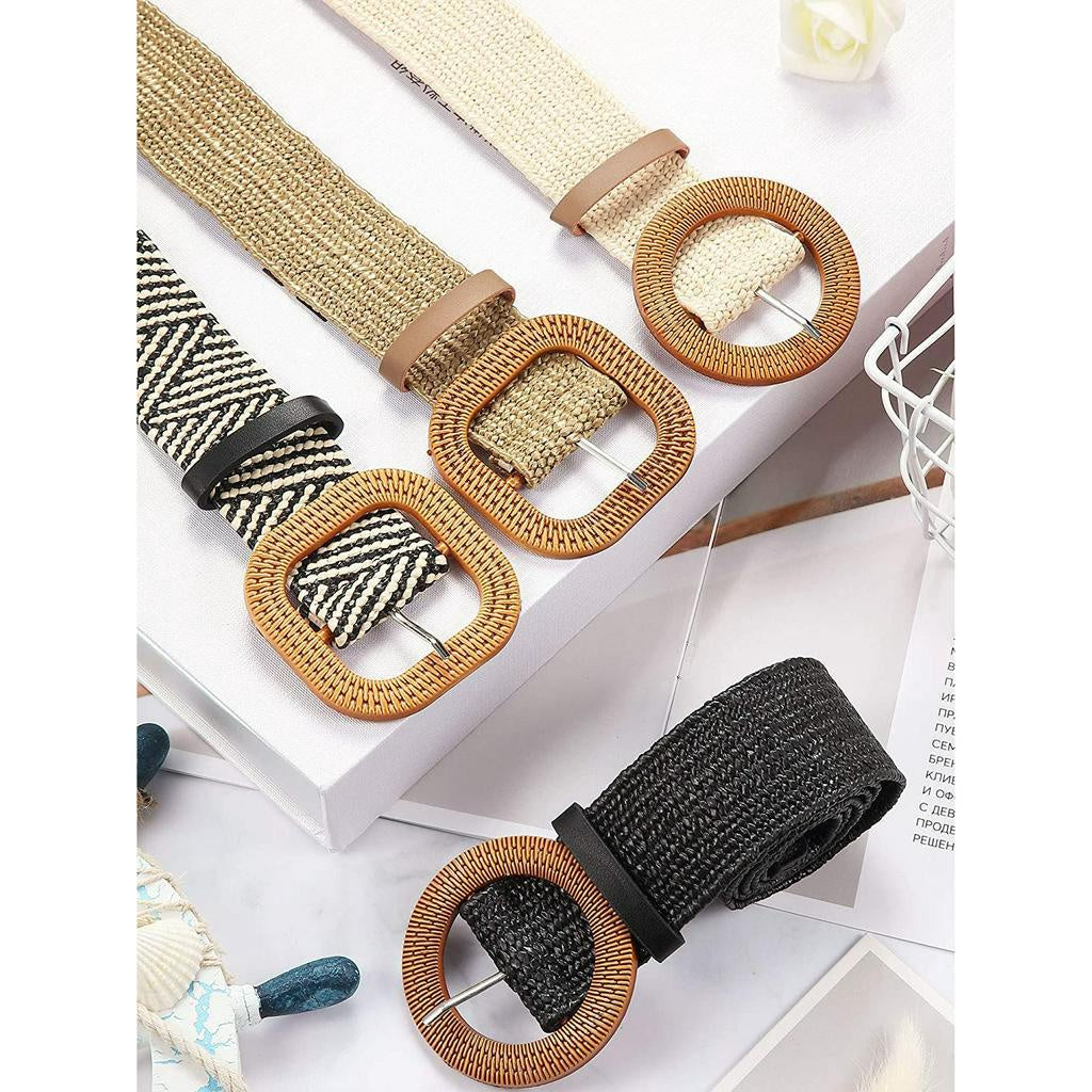 Wanita Waist Belt Straw Woven Elastic Stretch Skinny Dress Belt with Wooden Buckle - Fashionable Waist Dress Band for Women