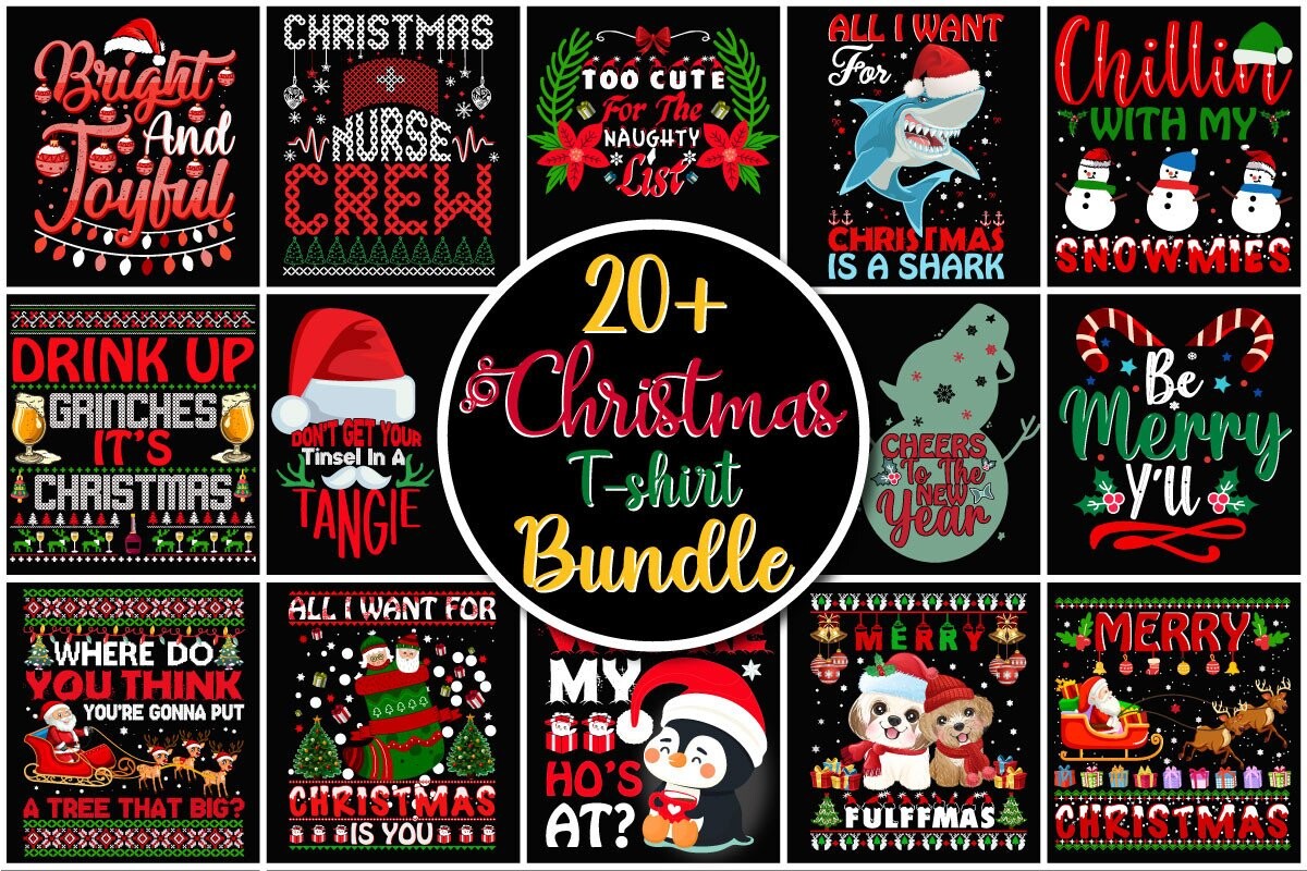 Christmas T-Shirt Design Bundle -Get Collection Unique High-Quality Festive Digital Designs Perfect For Customizing Apparel Holiday Season