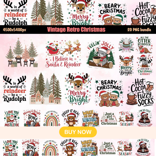 Retro Christmas PNG Bundle - Perfect for T-Shirt,Crafts, Cards, and Decor,Best For Gift, A Festive Collection of Digital Designs . Download High-Quality Vintage-Inspired Holiday Graphics