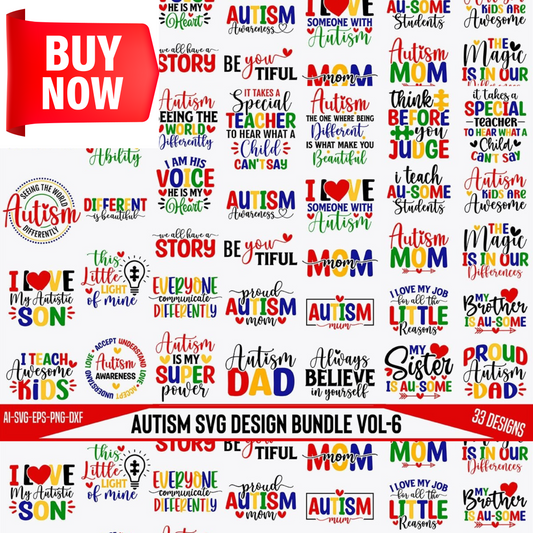 Explore the Autism SVG Design Bundle Vol. 6-Heartwarming Collection-Digital Designs Celebrating Autism Awareness- Perfect for crafts- T-shirts and Personalized Gifts.