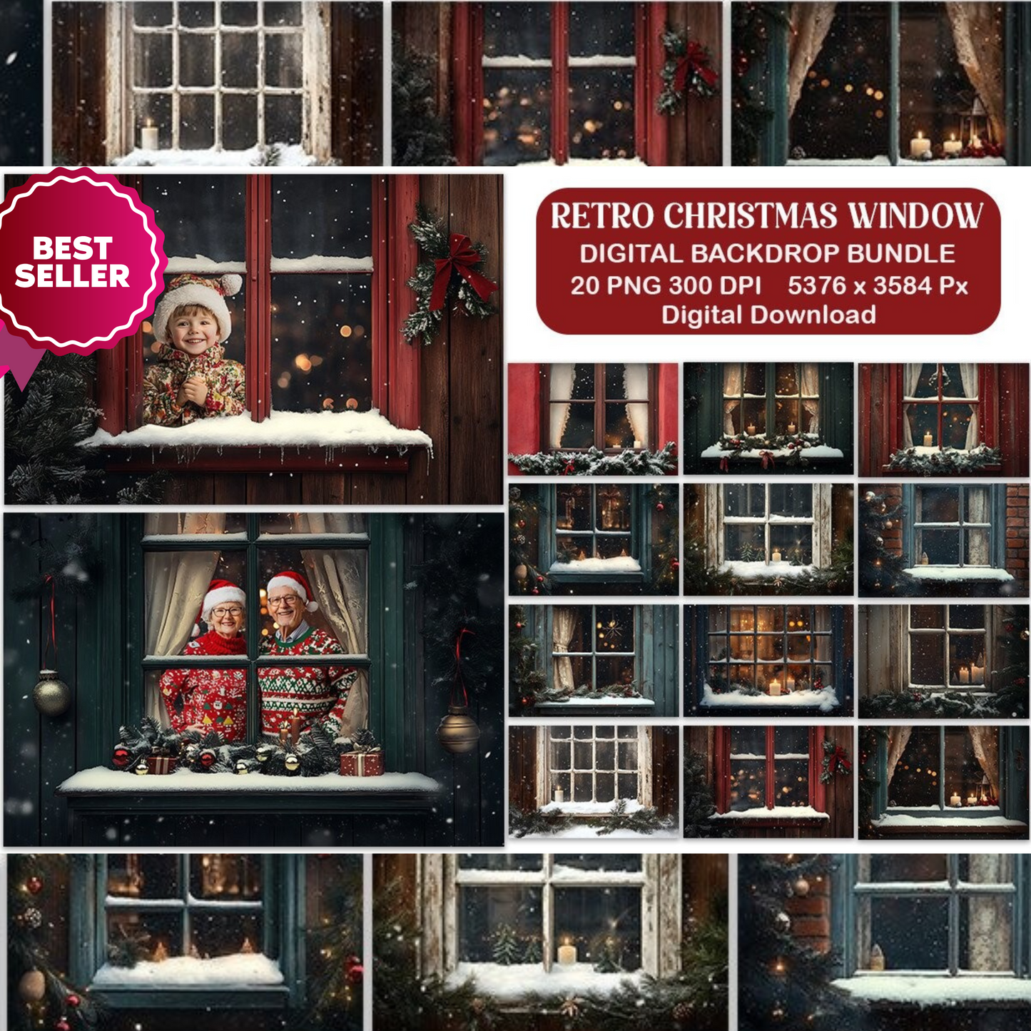 Retro Christmas Window Digital Backdrop Bundle - A Stunning Collection of Vintage-Style Backdrops Perfect for Photography, Cards, and Digital Projects