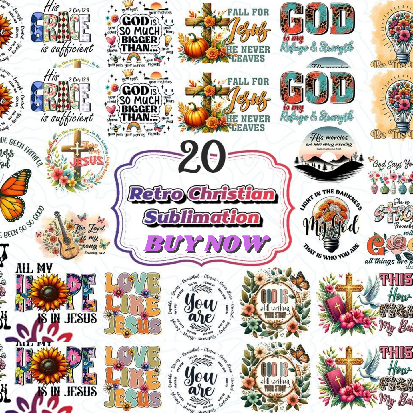 Retro Christian Sublimation Bundle-A unique collection of faith-inspired designs with retro aesthetics perfect for crafting apparel  and home decor projects.