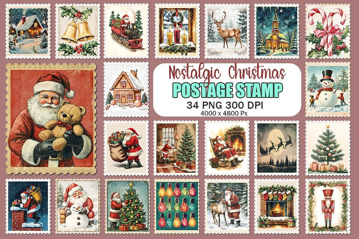 Nostalgic Christmas Postage Stamp Bundle - Vintage-Inspired Holiday Digital Design for DIY Projects & Scrapbooking