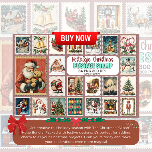 Nostalgic Christmas Postage Stamp Bundle - Vintage-Inspired Holiday Digital Design for DIY Projects & Scrapbooking