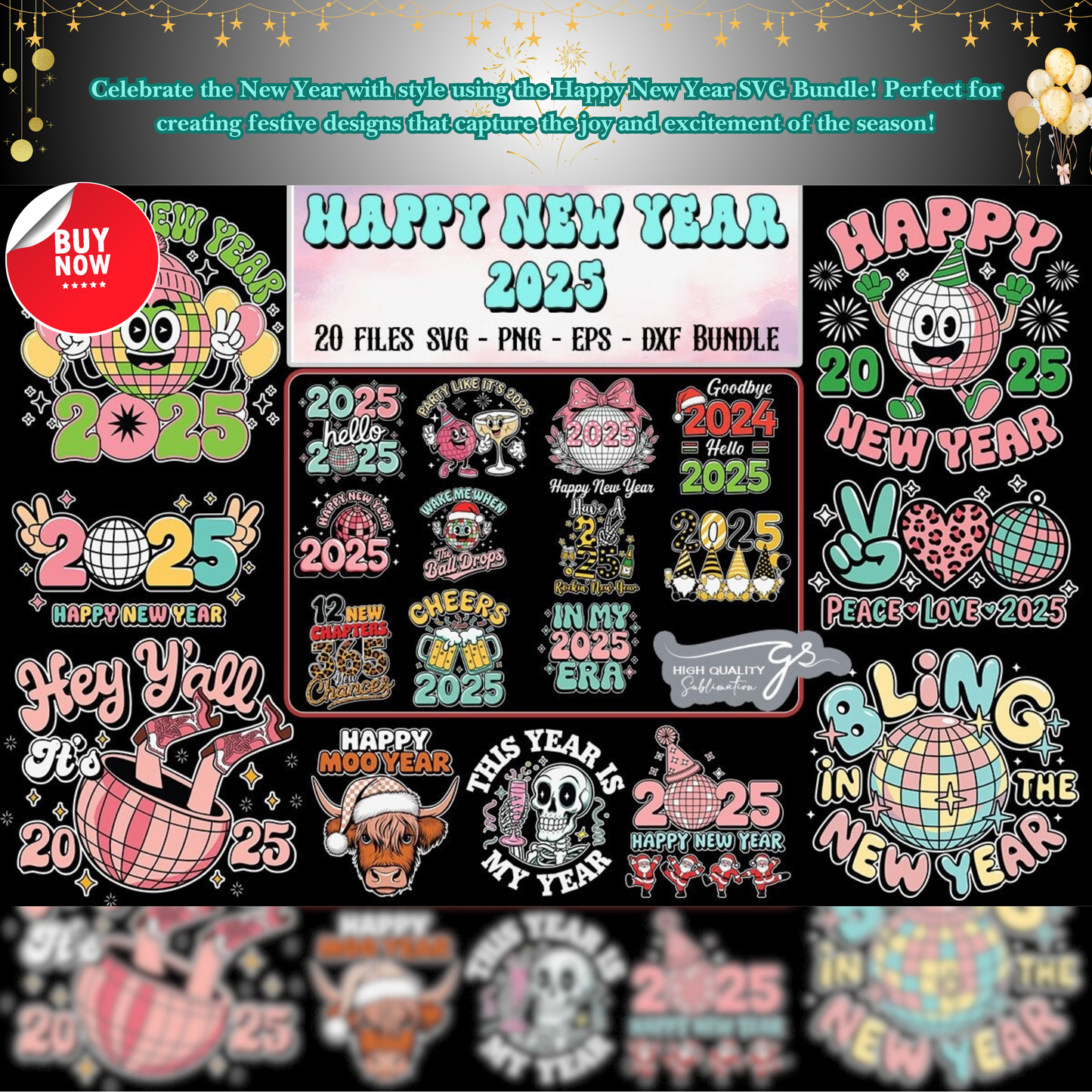 Happy New Year SVG Bundle - A Festive Collection of SVG Designs Perfect for T-Shirts, Party Decor, Mugs, Cards, and Creative DIY Projects