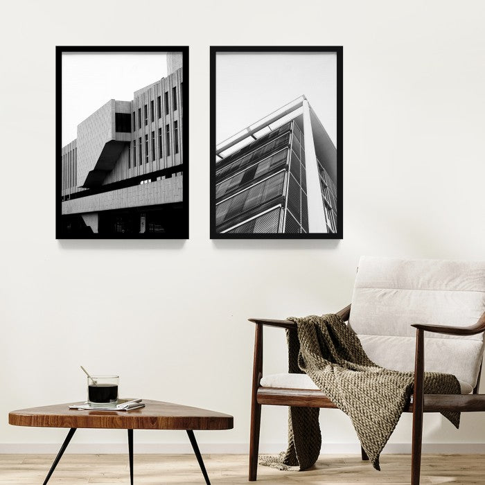 Poster Gedung Hitam Putih Wall Decor Monochrome Architecture Art Print, Frame Natural - Hiasan Dinding Minimalis dengan Sentuhan Monokrom dan Arsitektur Modern