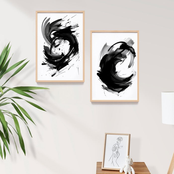 Lukisan Tinta Abstrak Gaya Jepang - Wall Art Print Decoration Cina dengan Frame Natural untuk Dekorasi Rumah dan Cafe