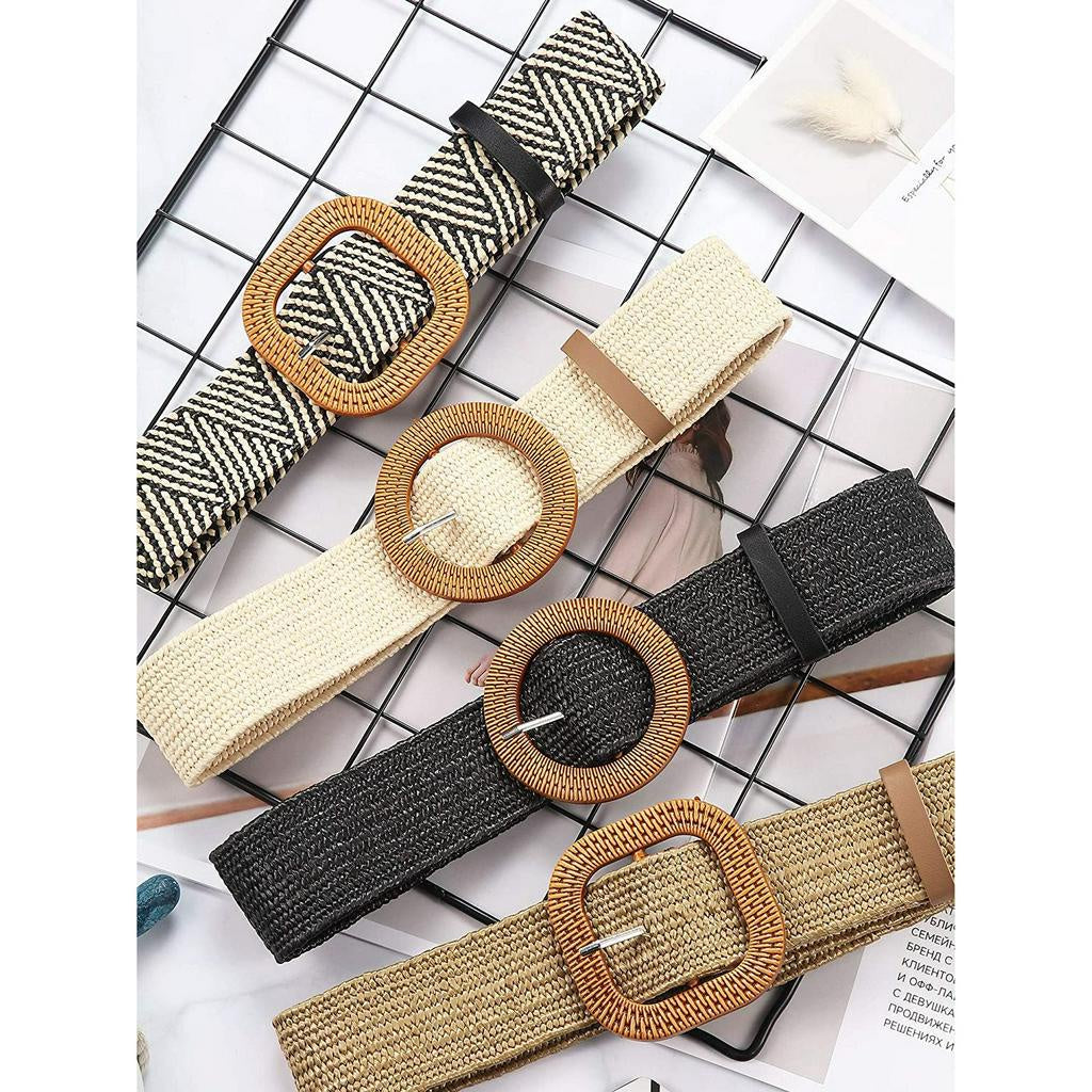 Wanita Waist Belt Straw Woven Elastic Stretch Skinny Dress Belt with Wooden Buckle - Fashionable Waist Dress Band for Women