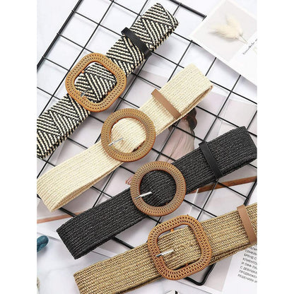 Wanita Waist Belt Straw Woven Elastic Stretch Skinny Dress Belt with Wooden Buckle - Fashionable Waist Dress Band for Women