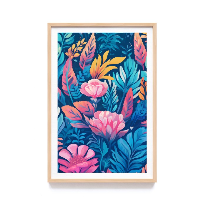 Poster Bingkai Kayu Estetik Lukisan Print Floral Tropical Watercolor, Frame Natural - Hiasan Dinding Aesthetic, Dekorasi Kamar dan Ruang Tamu dengan Sentuhan Tropikal